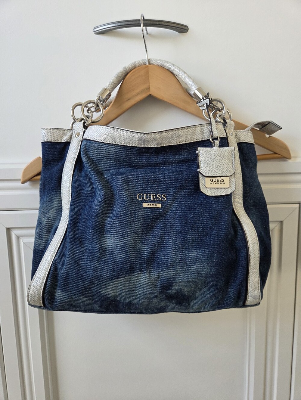 Vintage Guess Shelly Satchel "Y2 GUESS Denim Tote with Silver Trim and Hardware